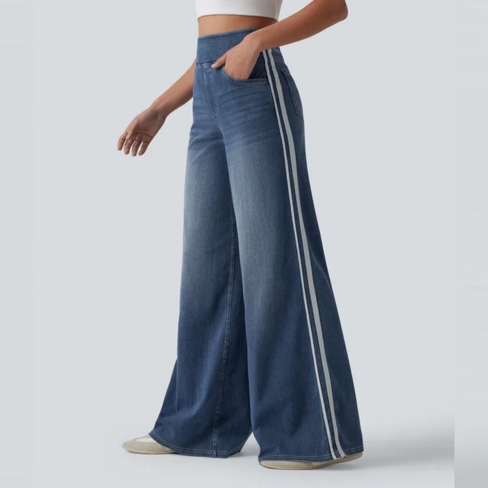 NWT Halara Flex High Waisted Stripe Wide Leg Flowy Washed Casual Jeans Size MR